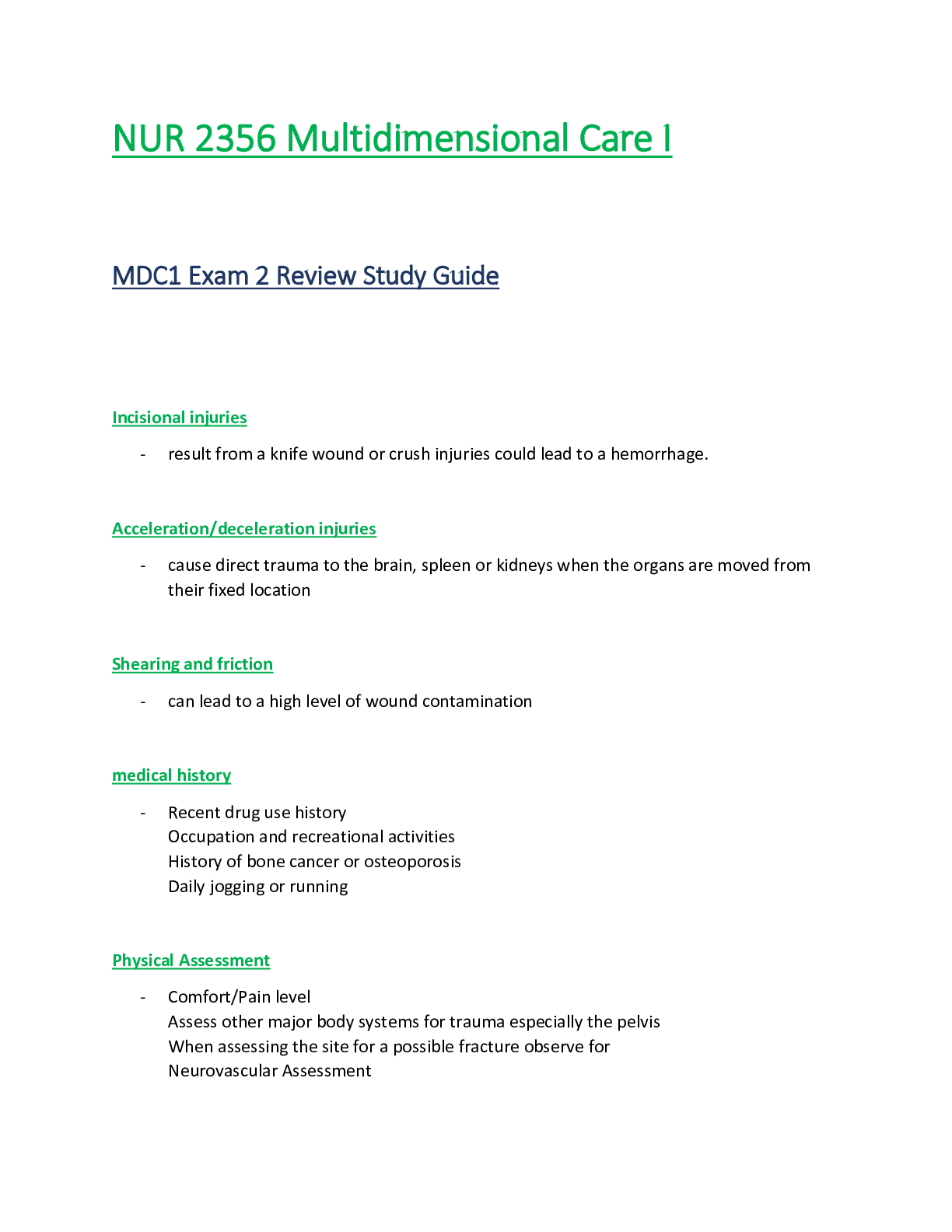 Preview of NUR 2356 Exam 2 Review Study Guide (Latest Update): Multidimensional Care I / MDC 1 - Rasm